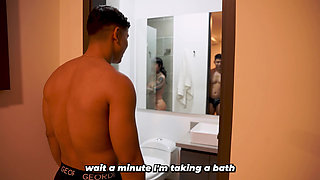 Muscular guy steals his big-assed stepsister's towel to play a prank on her in the shower