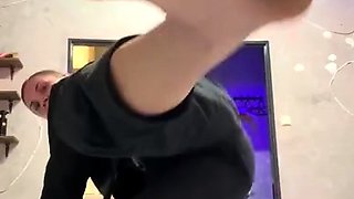 Brunette with foot fetish rubs big dick with her feet in POV