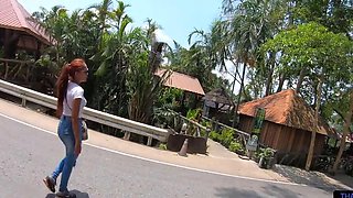 Asian amateur in tight jeans, long locks gets pounded from behind