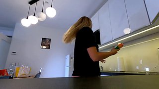 Blonde Hentai Babe in Pajama Shorts Lurks in the Kitchen, Eager to Flash Her Pussy B