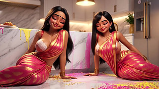 Two voluptuous Indian lesbians cleaning kitchen floor on all fours in revealing traditional attire no panties