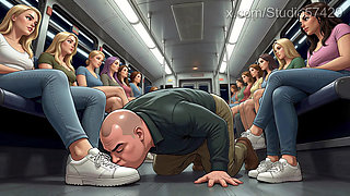Shoe Pervert Licks Women's Shoes on a Crowded Bus