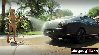 Exotic asian hottie and GFs wash a car