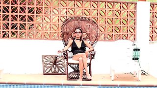 Small-Titted Brunette Amateur Blowjob by the Pool