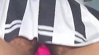 Chubby Brunette Girl in Miniskirt Rides Pink Dildo - Hairy Pussy