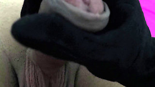 Indian wife uses hand gloves to masturbate husband and gets fucked in missionary, Shaved Indian pussy with shaved Husband