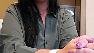 Brunette with foot fetish rubs big dick with her feet in POV