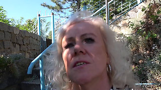 Busty Mature in Stockings Rides and Sucks Young Cock Outdoors