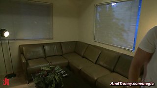 Full-breasted tranny fucks new boss