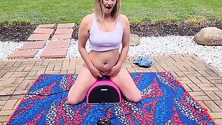 Almost Caught Blonde Hotwife Rides a Sybian Outdoors in Her Backyard