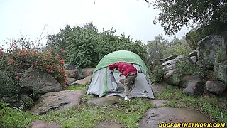 Ginger busty girl invited a BBC guy in her tent and rode him