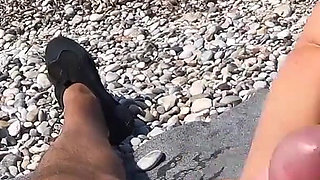 Jerking off My Boyfriend at a Beach - Quick Risky Outdoor Handjob with Huge Cumshot