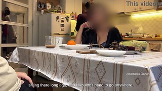 My husband jerking under a table front of my step mom and i right at the kitchen.