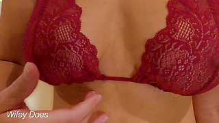 Wifey wears sexy red lingerie with her perfect tits.