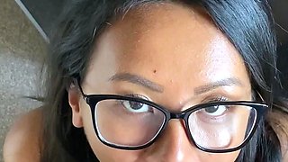 Tan stud gives a POV blowjob to his big cock