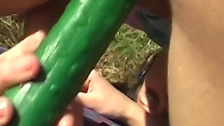 I hunt my cunt - young chick makes it with a cucumber dildo in nature