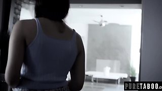 Sexy brunette maid gives her house owner a nice wet blowjob and then starts riding his cock in reverse cowgirl position