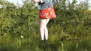 Beautiful Sweet Cute Brunette Girl Assol. Outdoor. Outside. Naked Outdoors. Without Panties. Doggystyle. Under Skirt. Ass Pussy