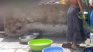 Stepsister bath bathing in open bathroom