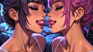 Cyberpunk Lesbians Tongue and Kiss Fetish, Ai Animation