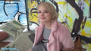 Short hair blonde amateur teen with soft natural body picked up as bus stop