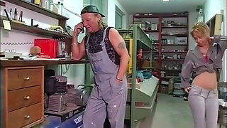 Horny Fuck Pig in Red Lingerie Fucks a Craftsman in the Workshop