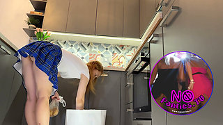The Juggler Girl Is Here in a Long College Type Uniform Skirt to Flash Her Panties Under Her Miniskirt in the Kitchen