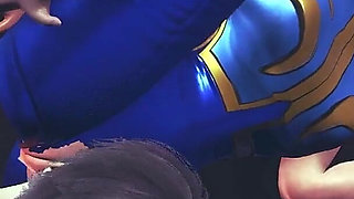 Chun Li Street Fighter 6 - Sexy Cosplay Anime Girl in Blue Latex Costume Gets Her Pussy Licked Through Tight Pants with Orgasm