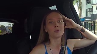 Sexy German towheaded likes solo onanism with toys in a car