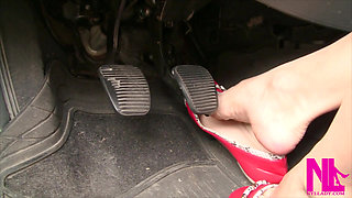 Sexy Barefeet Pedal Pumping in Scarlet Buckled Flats