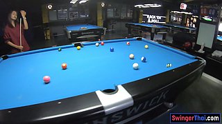 Curvy bottom Thai GF plays pool and blowjobs