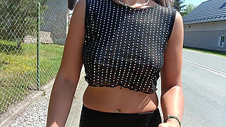 Walking Down the Street in a See-through Blouse Public Flashing of Tits and Pussy