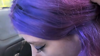 Purple haired alt teen worships thick cock, and gets cum