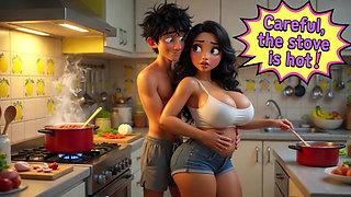 The beautiful stepmother summer tease in the house builds to passionate kitchen encounter (AI generated)