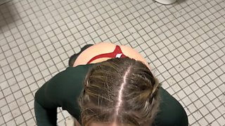 Young student is fucked in her mouth and in a sweet pussy in a public toilet.