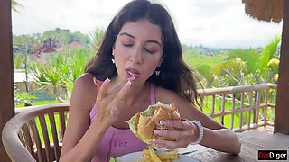 Cute Babe Eating Burger with Cum on Her Face in Public Cafe - Cumwalk