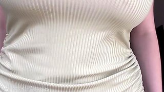 Busty curly brunette with big boobs fucks on couch