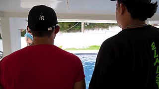 Busty brunette latina gets hired as pool attendant but something goes wrong