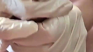 Blonde Teen Slut Jerks off My Cock with Latex Gloves!