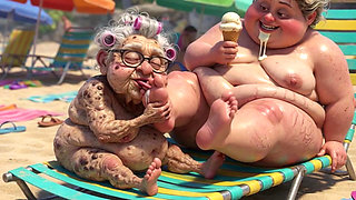 Elderly Granny Passionately Sucking BBW Feet on the Beach