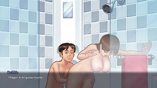 Stepsister and stepmom share their tenant's cock - Summertime Saga