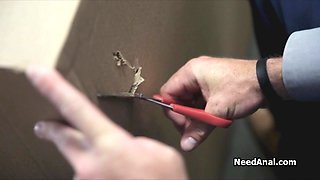 Bride to be sucking dick through shipping box hole