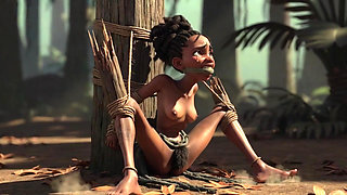 African Girl Bound in Rope Bondage - Hairy Wet Pussy Craving for Cock