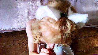 Kitty loves milk from the cock very much