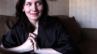 Amateur young brunette enjoys dildo on solo masturbation