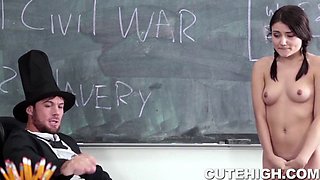 Watch Tiny Brunette get down and dirty with history teacher in hardcore roleplay