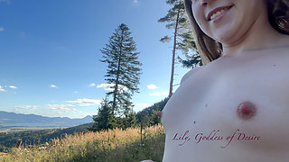 Walking in the Mountains Without T-shirt and Bra